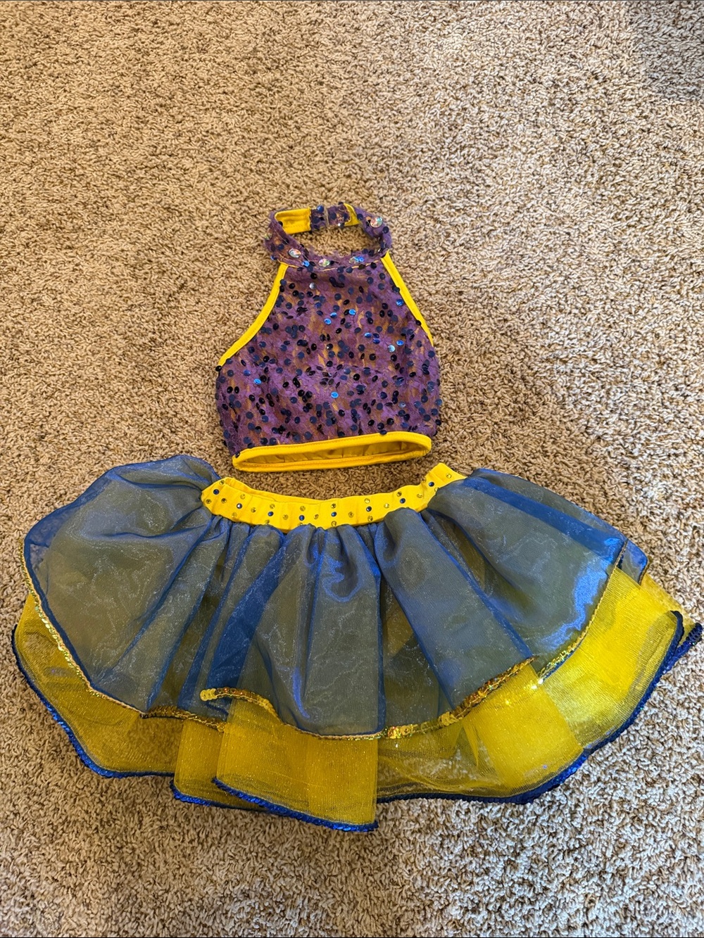 Dance Costume: Blue and Yellow Sequin Halter Top with Yellow Trim and Tutu